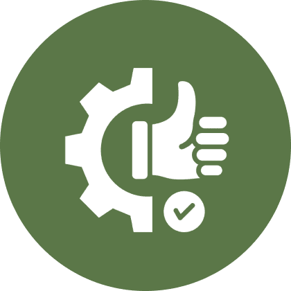 Thumbs up inside gear with check mark.