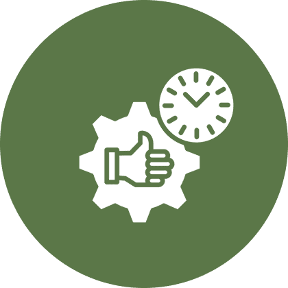 Thumbs up, gear, and clock icon.