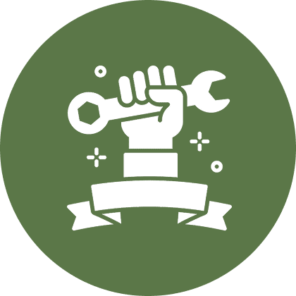 Hand holding wrench, green circular background.