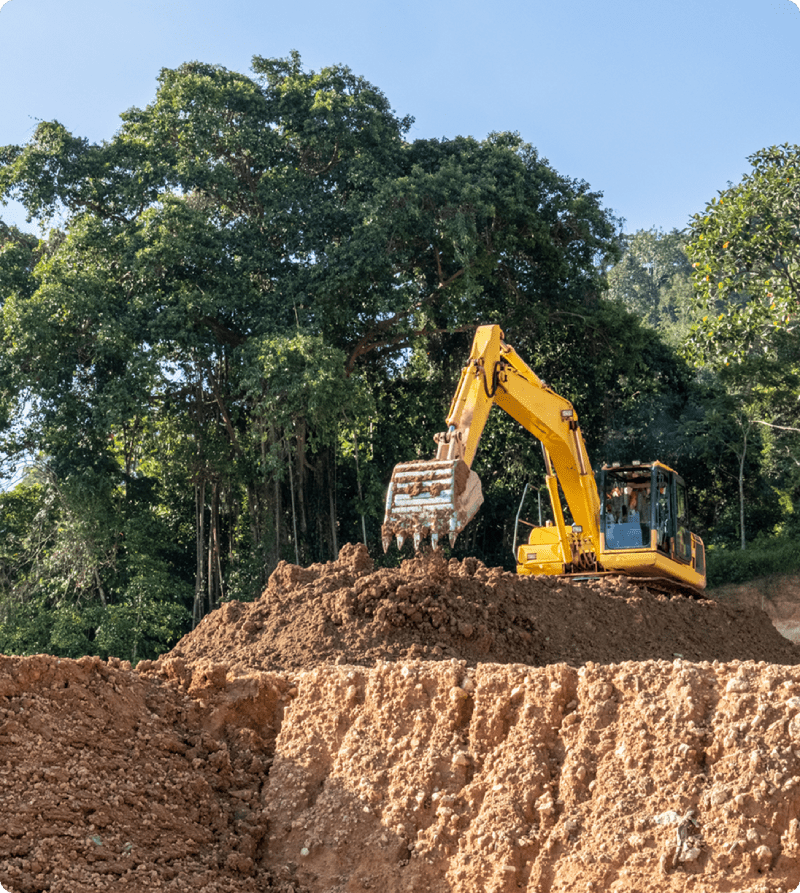 Excavator moving dirt near dense forest.